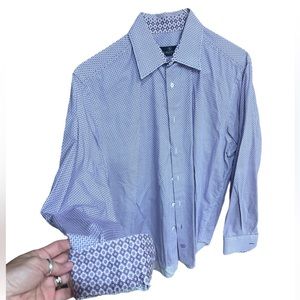 Bugatchi Men’s button down. Size Large. Flip cuffs. Purple/white.